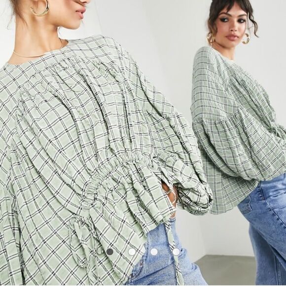 ASOS Edition Smock Top with Gathered Detail in green check plaid size 2 - Picture 10 of 10